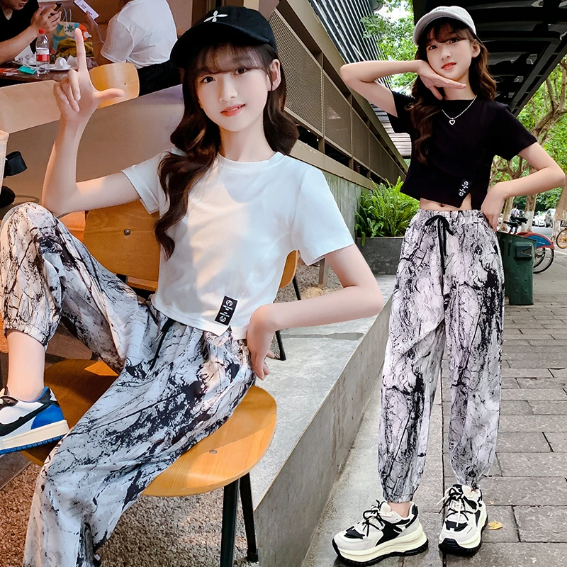 女童夏装套装2025新款中大童网红韩版T恤儿童水墨画防蚊裤薄款潮