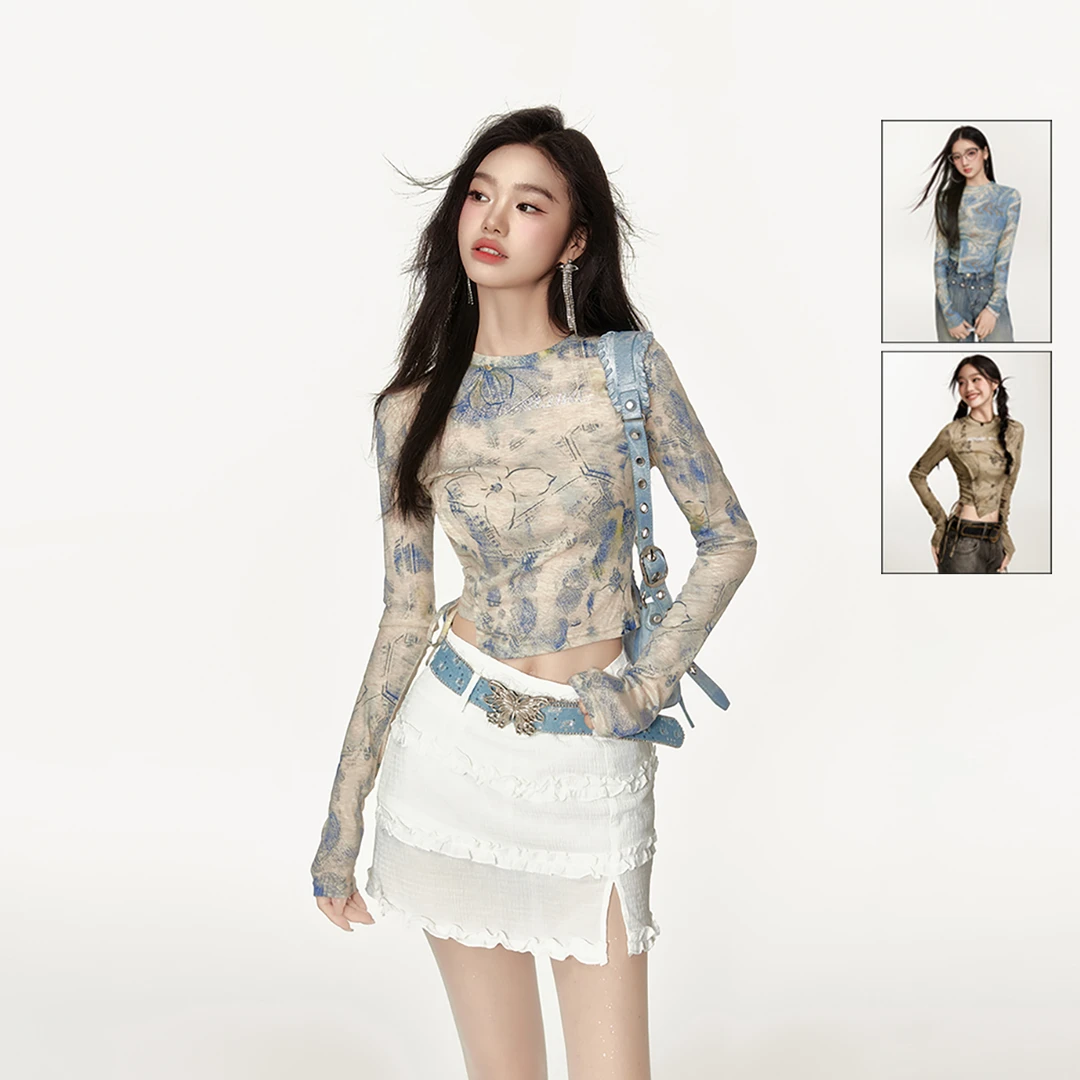 EPTISON早秋长袖T恤女修身甜辣别致扎染印花时尚短款上衣EWX001