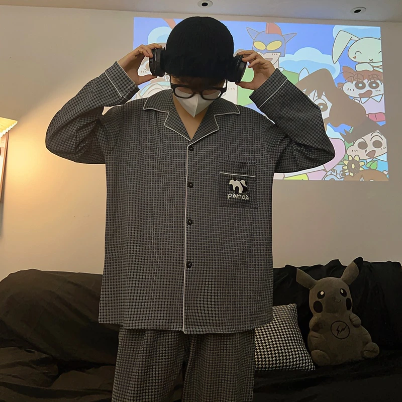 韩版卡通刺绣格子熊猫睡衣男生春秋季长袖长裤宽松家居服两件套装