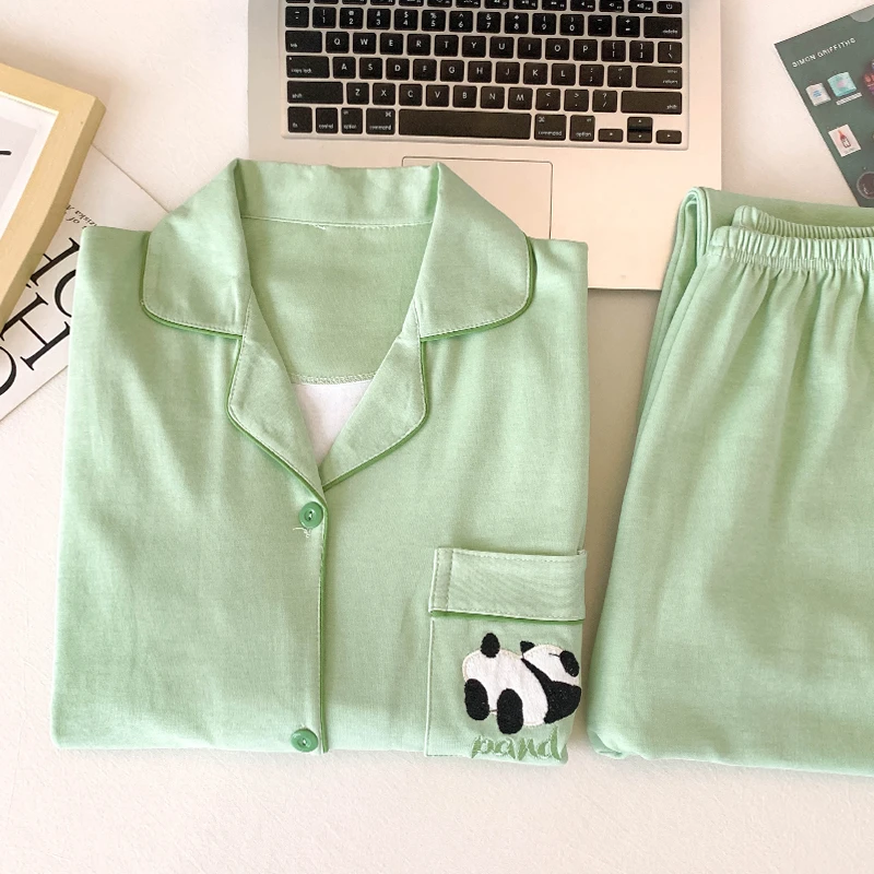 简约日系ins刺绣绿色熊猫睡衣女春秋季薄款长袖长裤两件套家居服