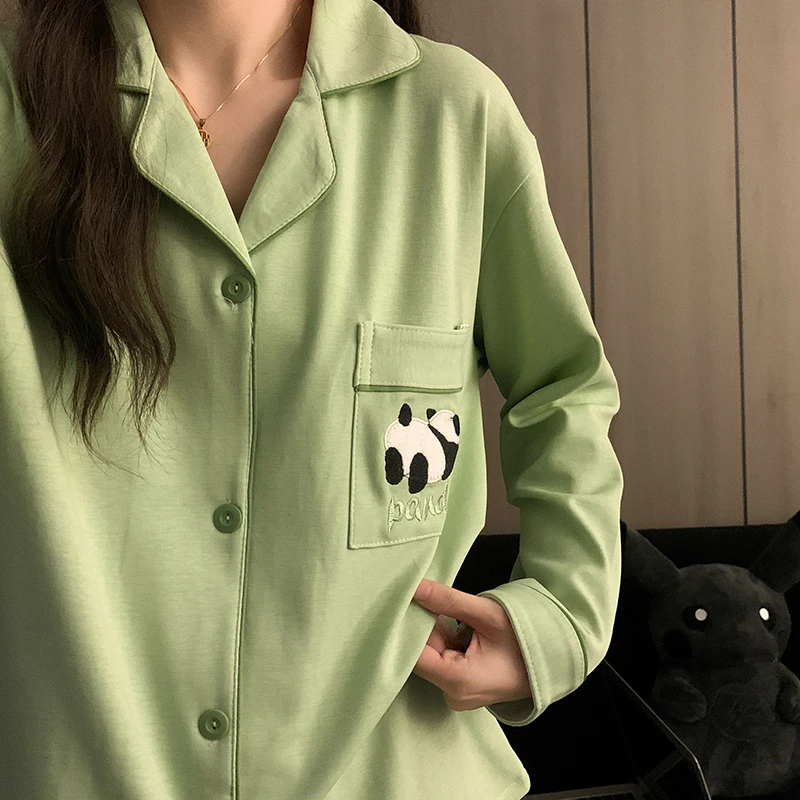 卡通绿色熊猫刺绣睡衣女春秋薄款翻领开衫长袖长裤两件套装家居服