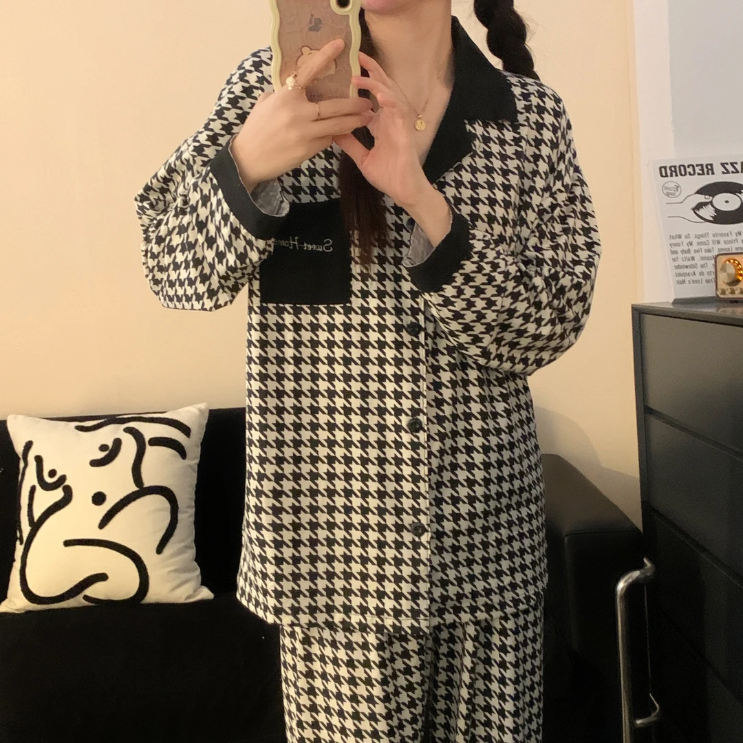 ins日系刺绣千鸟格睡衣男士春秋季开衫长袖网红风家居服两件套装