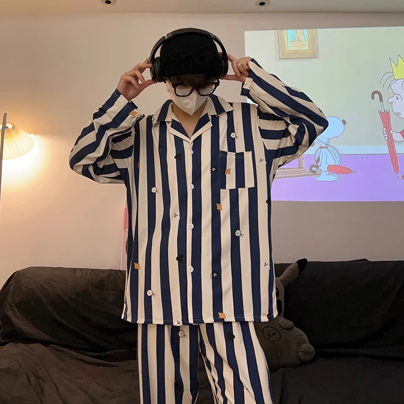 春秋季睡衣开衫简约条纹韩版ins宽松男士两件套外出家居服高级感