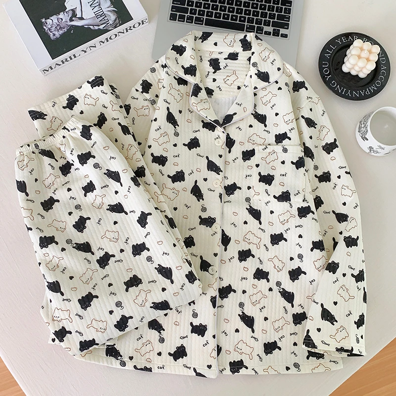 夹棉睡衣女款秋冬季新款加厚空气棉可爱卡通小黑猫甜美家居服套装