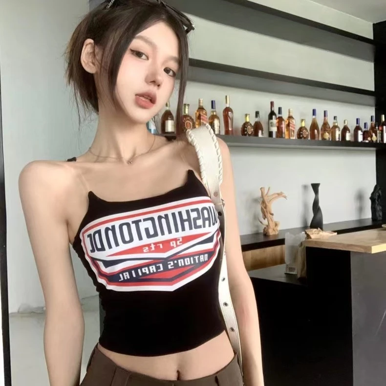 隐形肩带印花背心辣妹风夏季新款无袖网红百搭复古休闲时尚吊带
