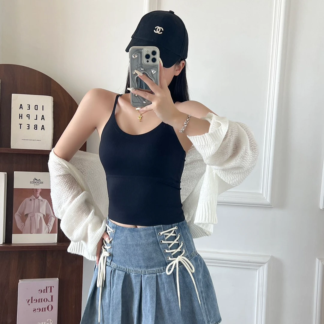 克尔伦贝夏季新加大码款螺纹交叉吊带背心带胸垫百搭性感显瘦1368