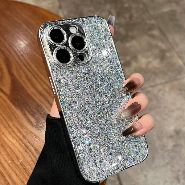 银色电镀闪粉苹果15promax手机壳新款iPhone14pro高级13/12防摔女