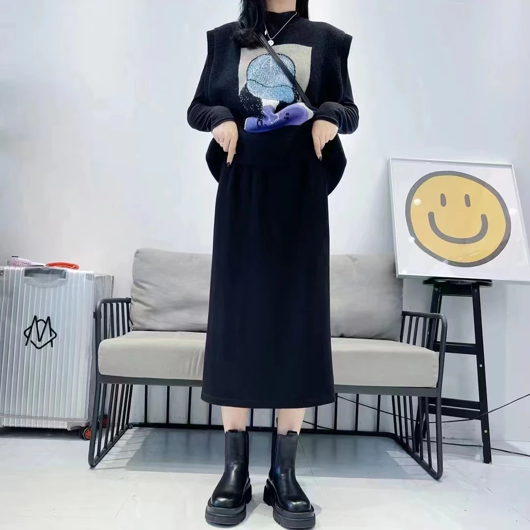 春秋女显瘦休闲半身裙高腰显瘦A字开叉一步裙松紧腰包臀裙中长裙