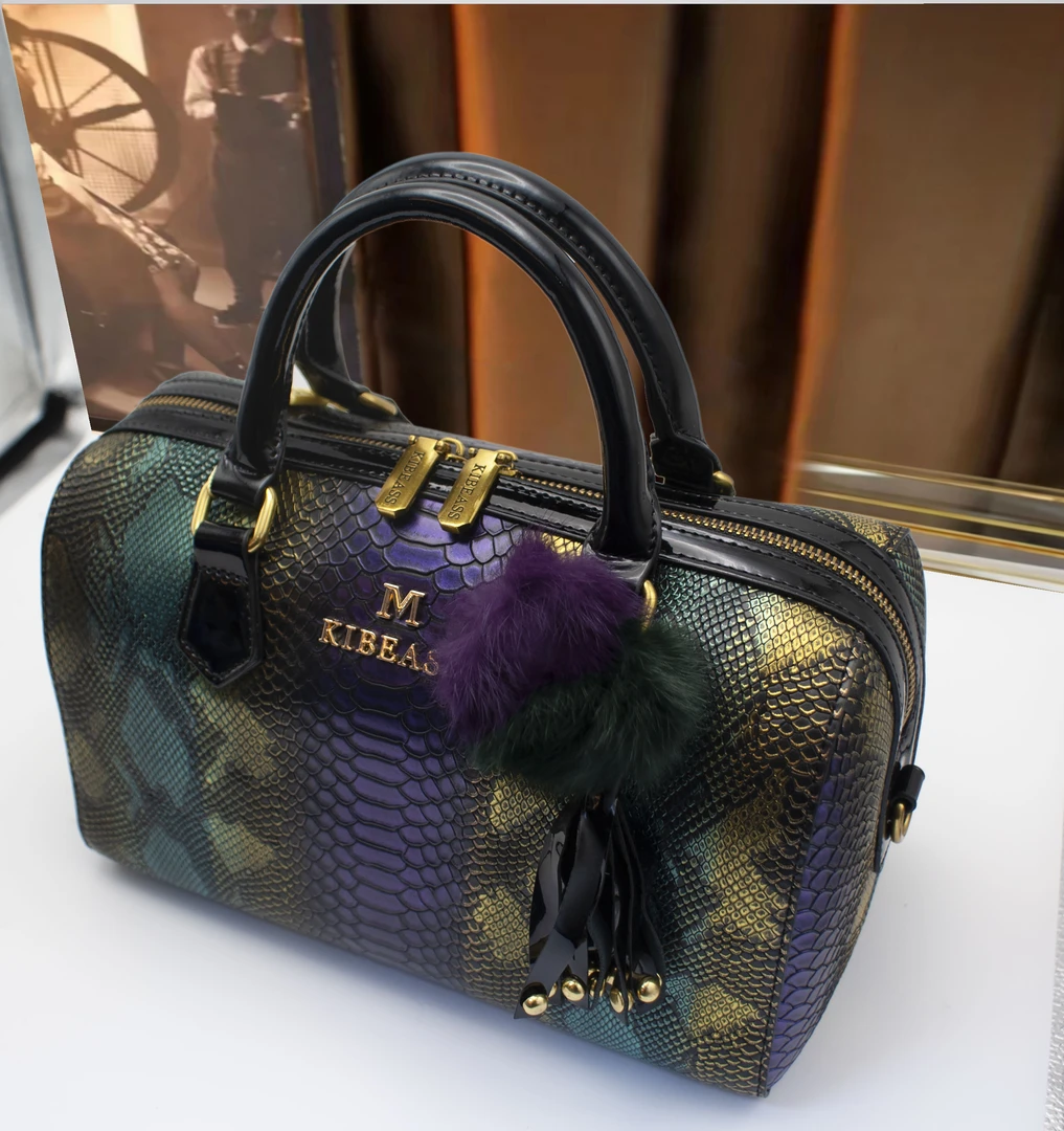 KIBEASS新款枕头包女士手拎包手提包时尚波士顿包斜挎包紫绿D0045