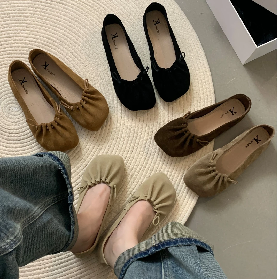 韩版春秋浅口褶皱方头温柔百搭网红单鞋软底晚晚风配裙子豆豆鞋女