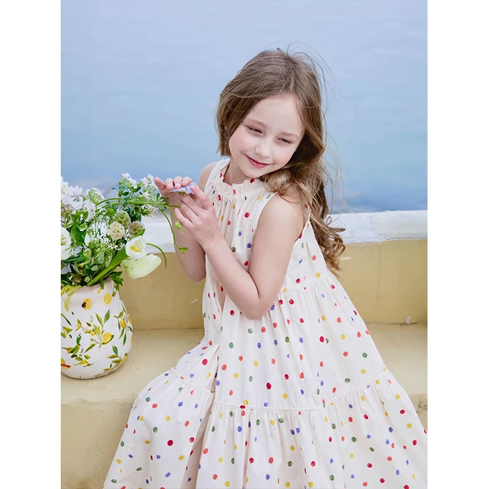 野柿童装女童夏季无袖连衣裙2024挂脖公主裙女大童波点长裙