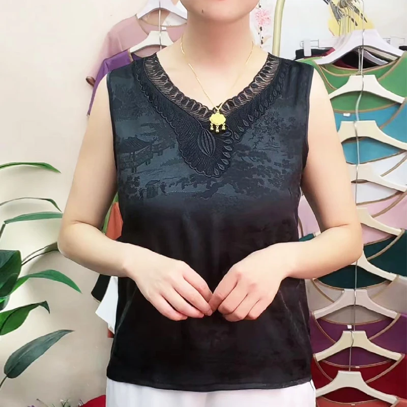 新中式国风时尚花边V领气质百搭无袖背心女薄款夏季显瘦复古吊带