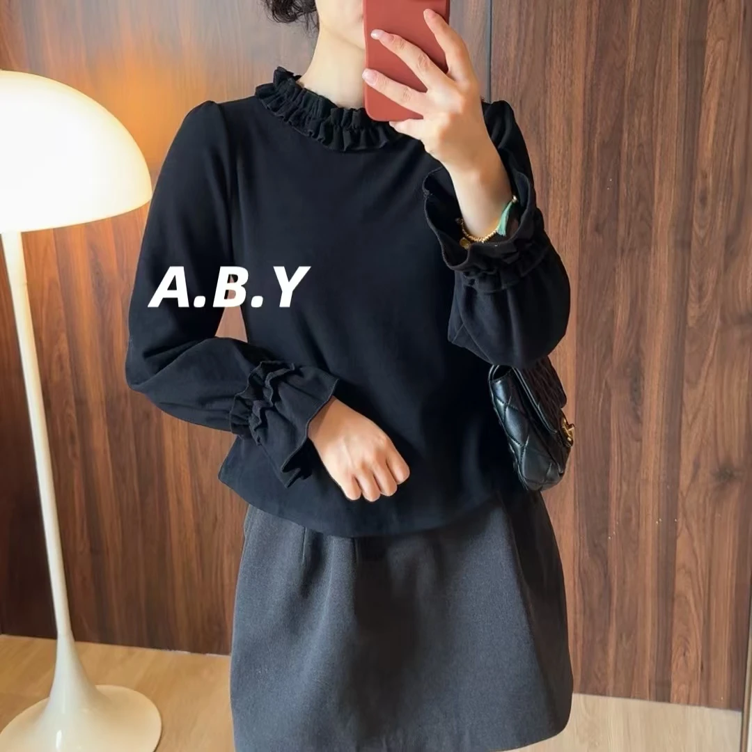 【湖畔月光】百搭木耳边气质显瘦德绒磨毛时尚修身长袖T【241113-1】