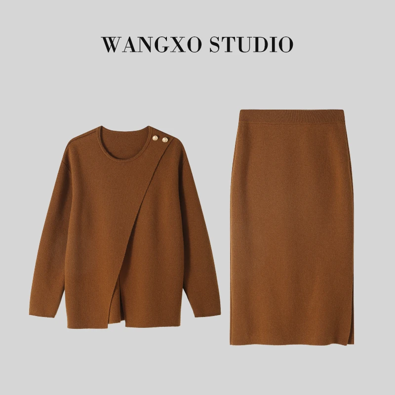 WANGXO高领修身打底衫+高腰修身伞裙针织套装2311659Y