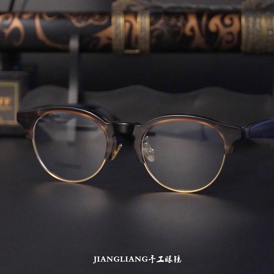 黑金典雅m-92手工复古经典百搭板材钛眉形圆框近视蓝光变色眼镜