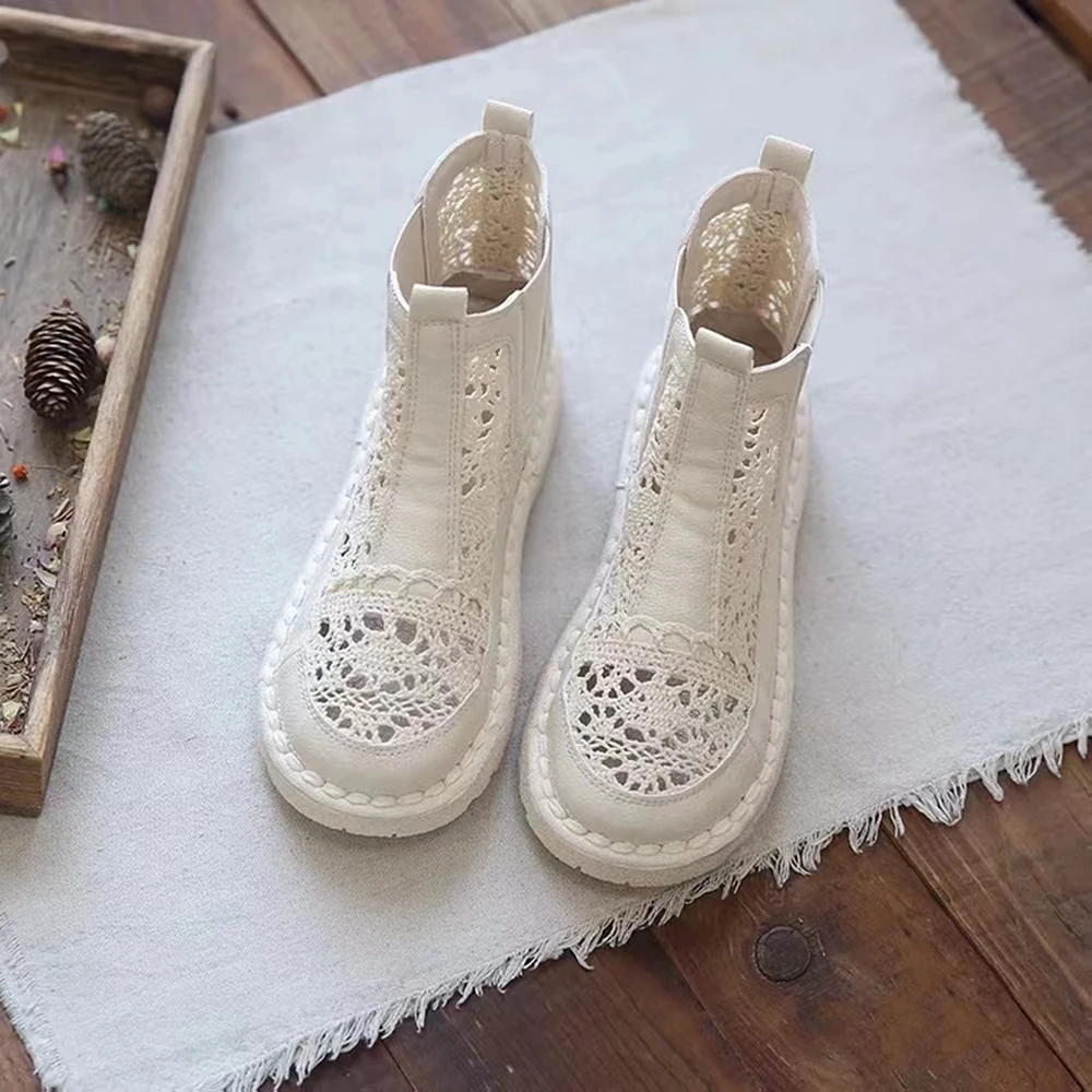 凉靴女网面镂空透气包头一脚蹬平底鞋马丁靴森系复古文艺手工凉鞋