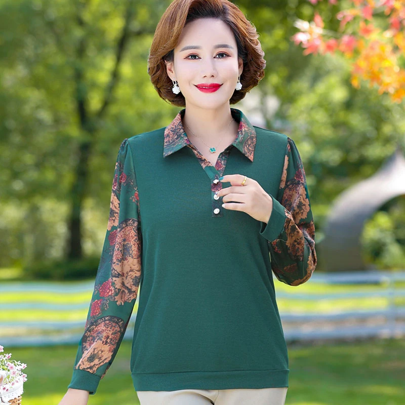 中老年妈妈长袖T恤女春季新款打底衫衬衫领上衣50岁60春秋小衫