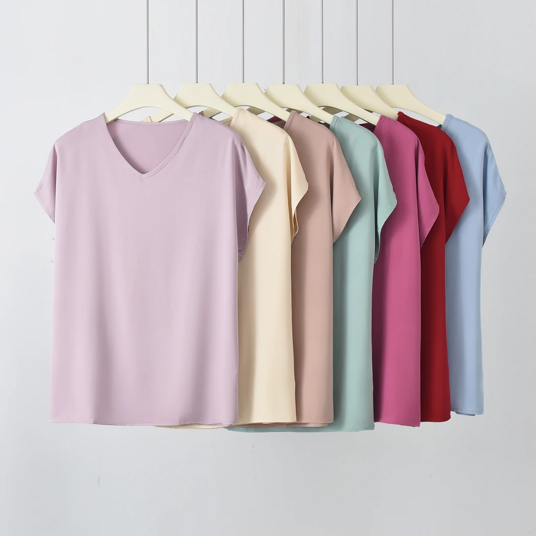 【V领】绵绸薄款宽松百搭人造棉上衣小飞袖短袖女上班族-51888