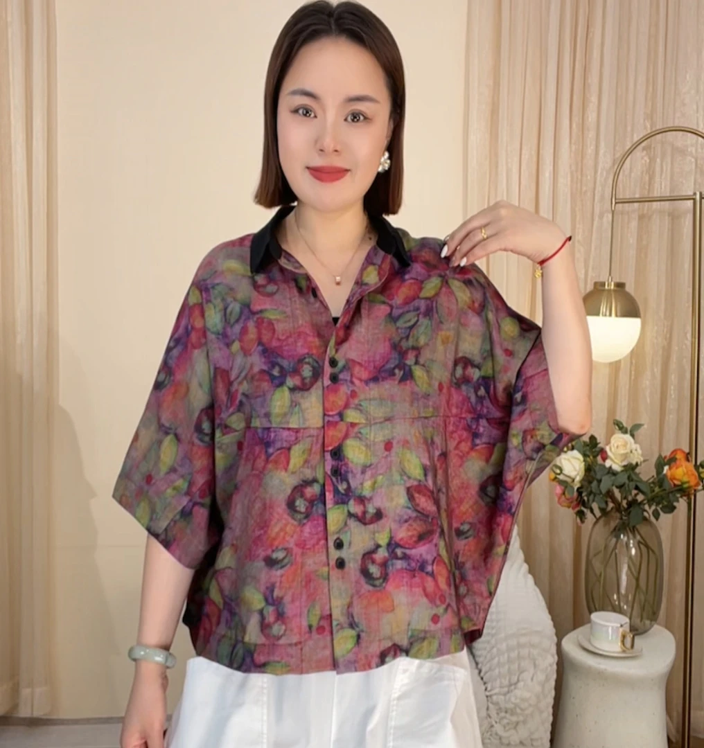 夏季休闲时尚百搭印花网红气质女士提花半袖宽松洋气复古衬衫领