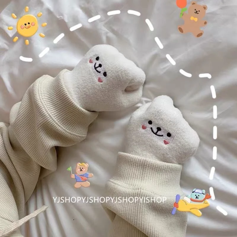 韩国ins少女心可爱触屏笑脸五指手套保暖加绒加厚学生防寒骑行用