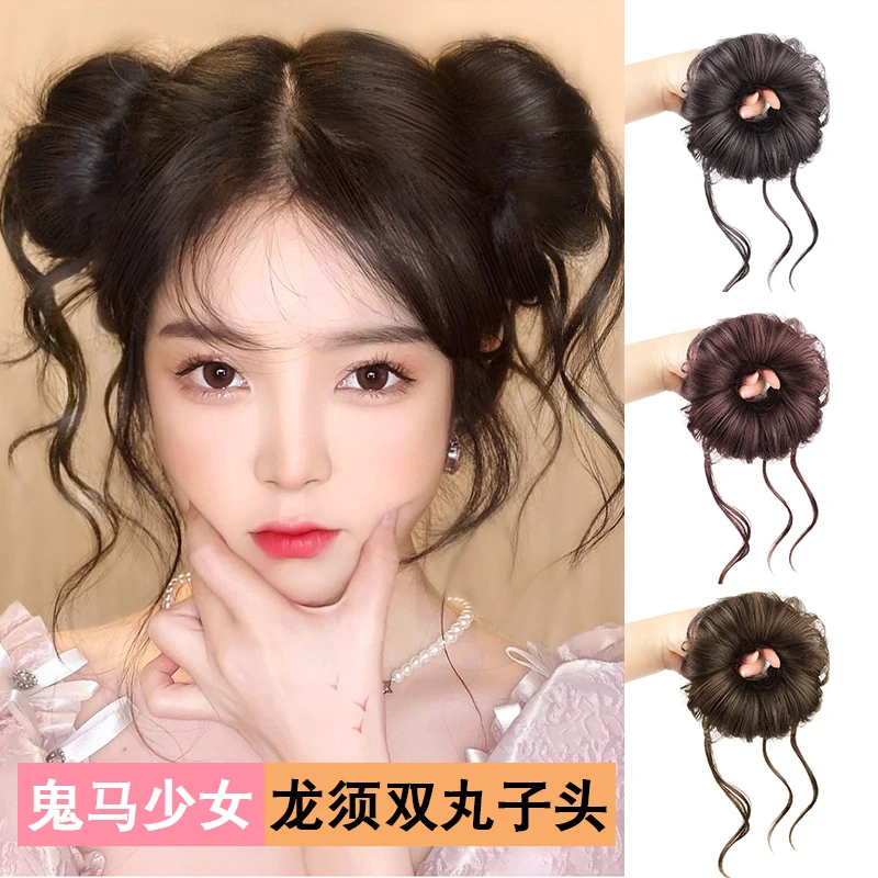 龙须丸子头假发发圈仿真发懒人发包蓬松自然鬼马少女双丸子头饰品