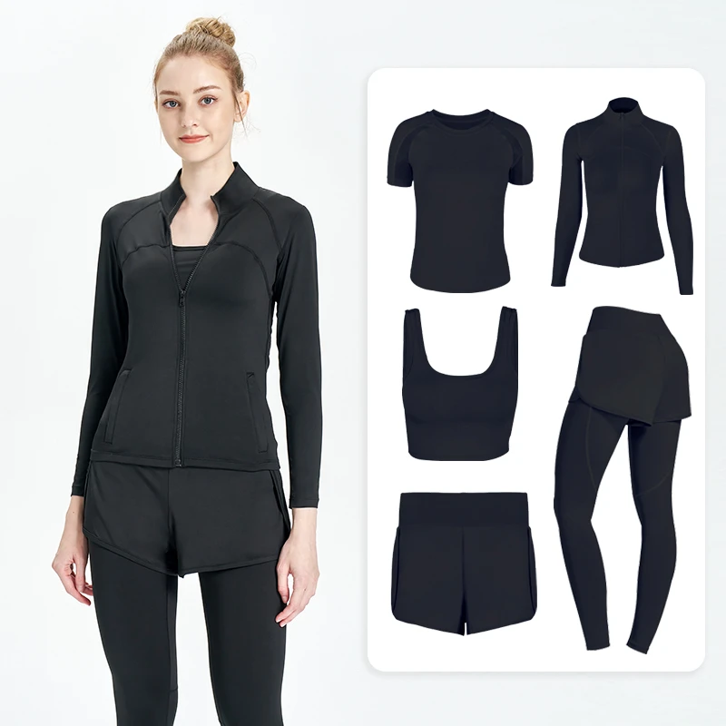 五件套瑜伽套装速干透气运动健身跑步弹力瑜伽裤上衣普拉提T恤女