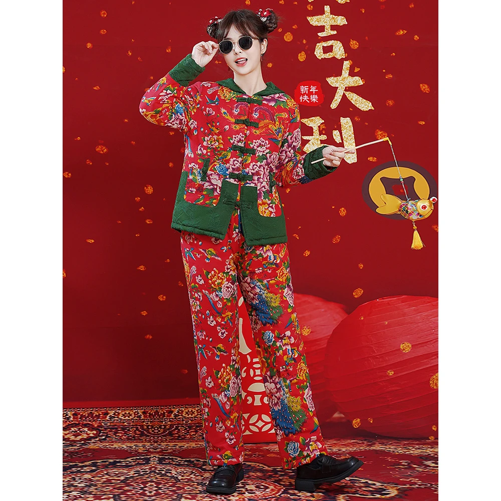 2024流行冬季新款东北大花牡丹花提花连帽加厚长袖棉衣棉裤套装