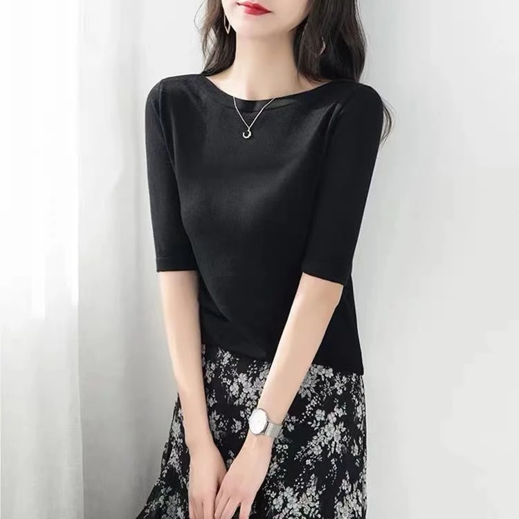 【专柜品质】冰丝曲珠新款一字领t恤冰麻针织衫女修身打底上衣潮