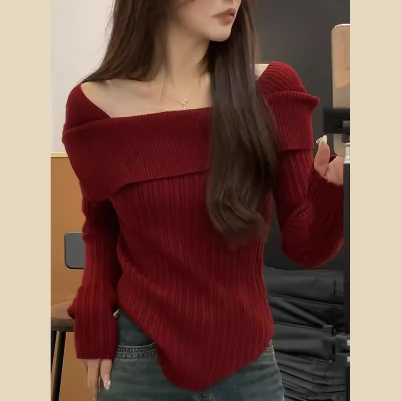 加厚秋冬红色毛衣秋冬不规则2024一字新款针织修身打底上衣针织衫