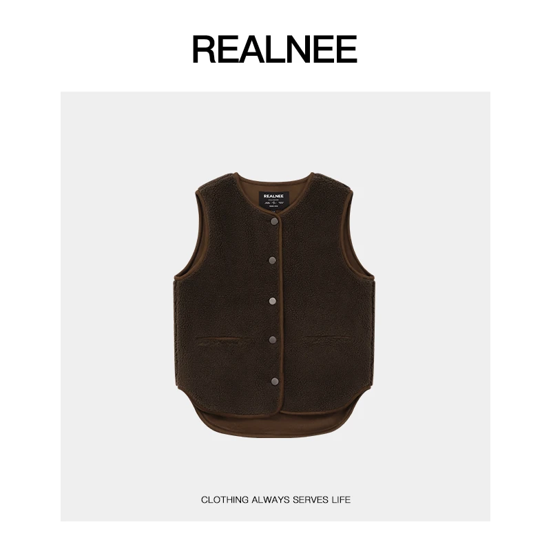 REALNEEI【小羔羊】眻毛美拉德廓型感醇厚宽松型纯色背心马甲03879