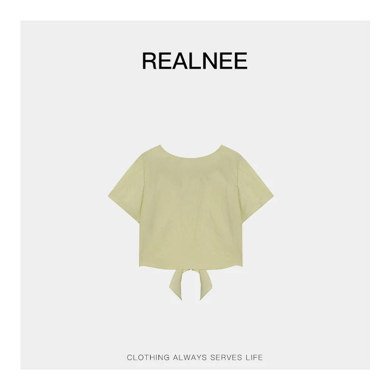 REALNEE【流光如梦】莱赛尔极简绑带上衣缎面显瘦肌理感穿搭05106