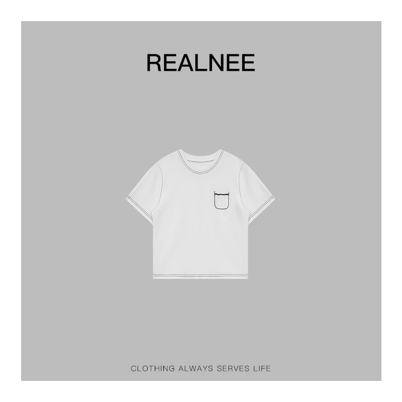 REALNEE【口袋线条】LOE*精梳棉极简明线T恤随性搭配刚需03638