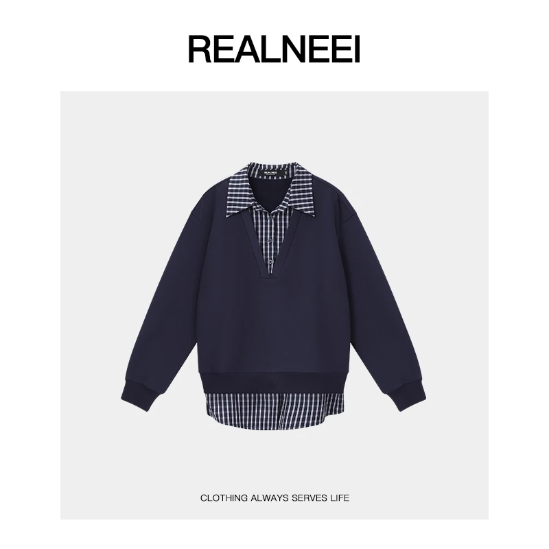 REALNEEI【格外时髦】极简学院风假两件拼接宽松秋冬卫衣03953
