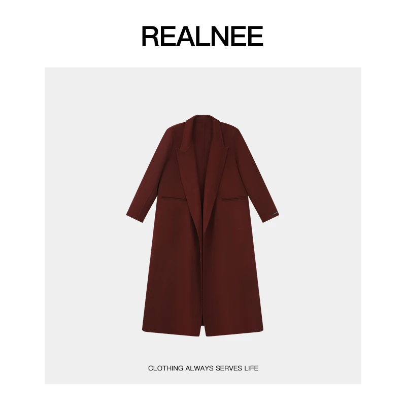 REALNEEI【大女主】‘眻毛+天纟’赫本风西装领系带长款纯色大衣X7201