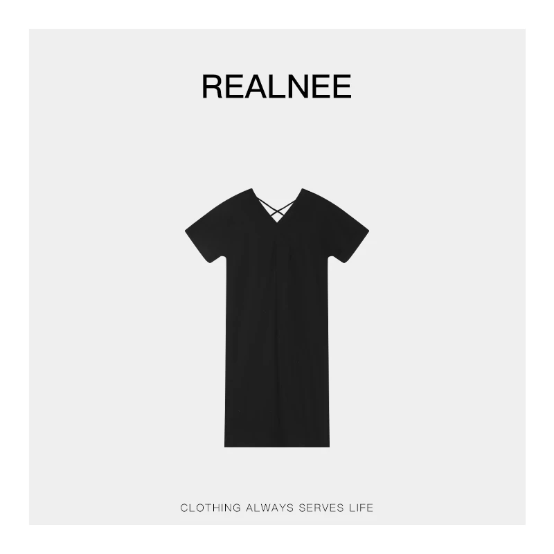 REALNEE【一片剪裁】天然亚麻V领连衣裙宽松极简随性慵懒穿搭06236