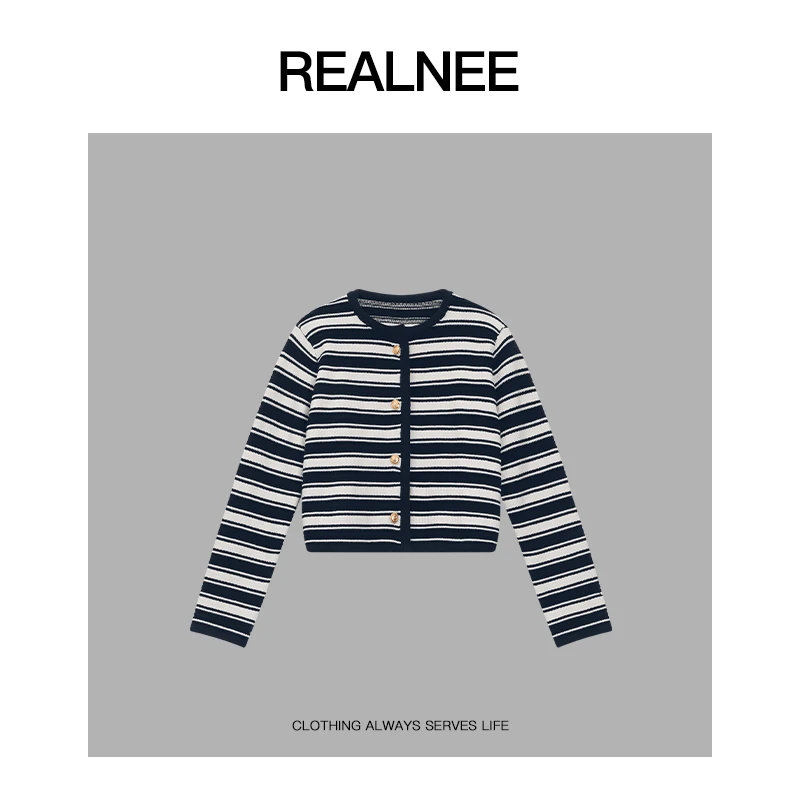 REALNEEI【东京时刻】CEL*家100棉小香风黑白条纹针织开衫外套03794