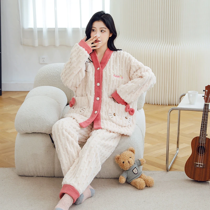 【可爱猫套装】2023秋冬保暖新款女长袖加绒加厚宽松家居服睡衣套装