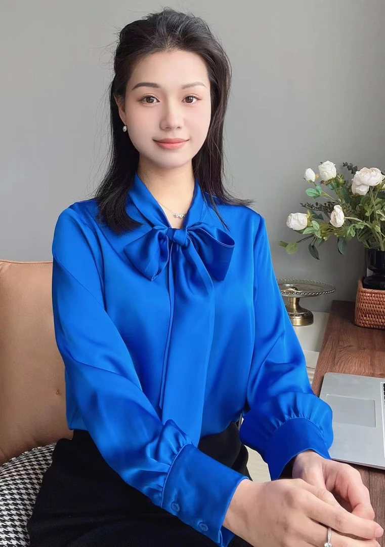 （2025）新款缎飘带紫色长袖法式时尚小众百搭气质小香风蝴蝶结衬衫