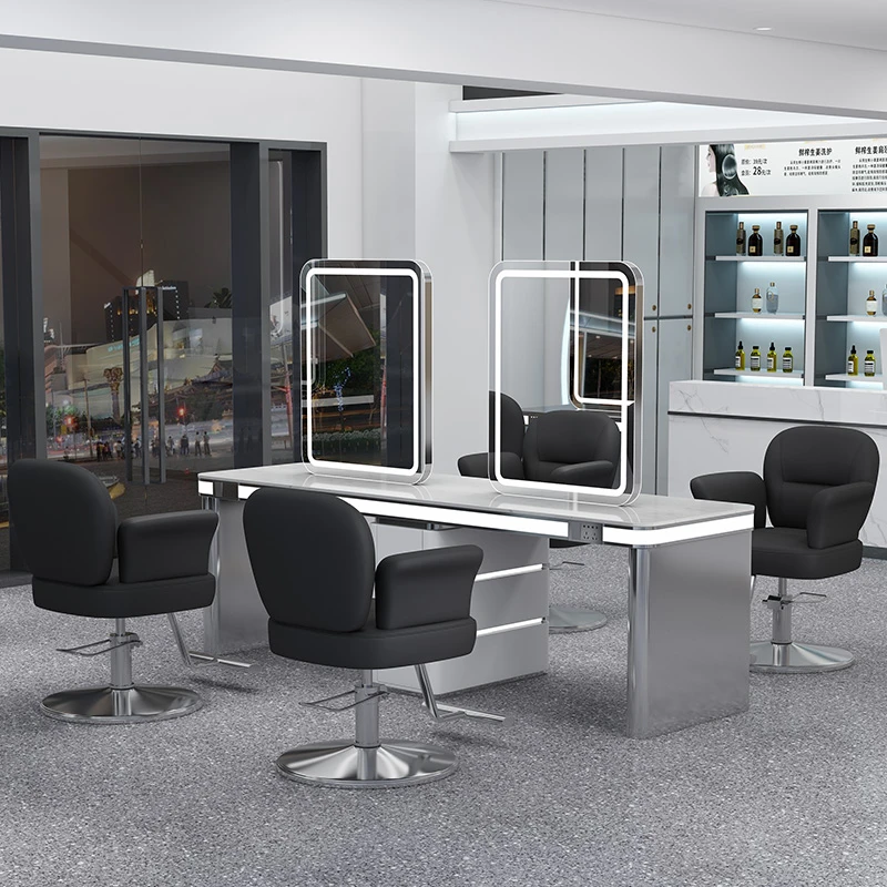 网红美发店镜子发廊专用理发镜台大理石带柜一体式四面六面烫染台