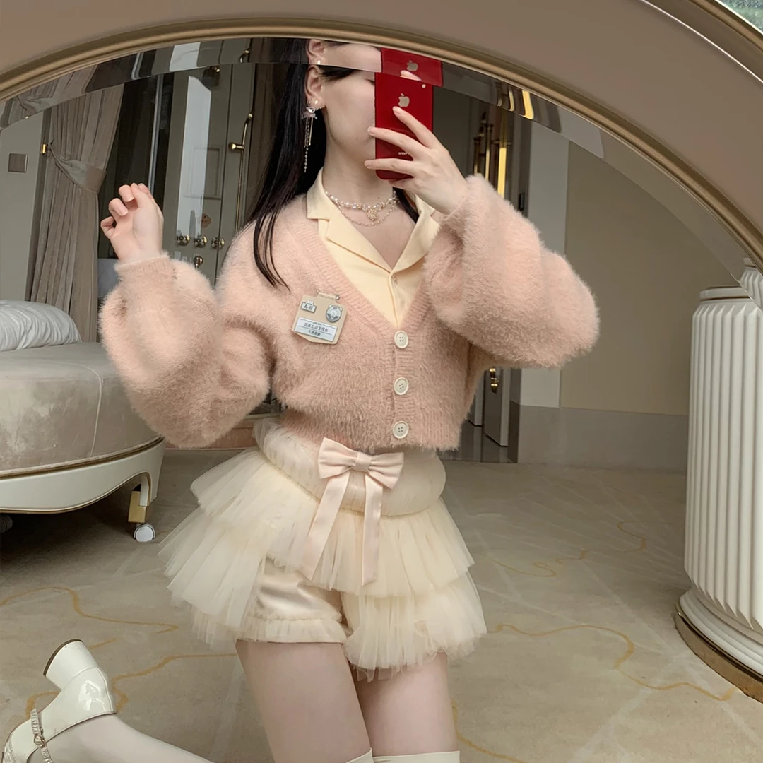 Blovelan杏桃花茶饮 春季女装新款套装纯欲针织衬衫网纱半身裙女