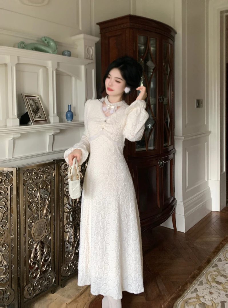 Blovelan香雪佳人 优雅温柔风收腰垂感蕾丝磨毛长袖仙女连衣裙