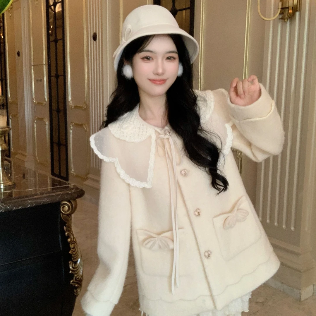 Blovelan融雪糖霜 甜美大学生可爱娃娃领系带温婉杏短款毛呢大衣