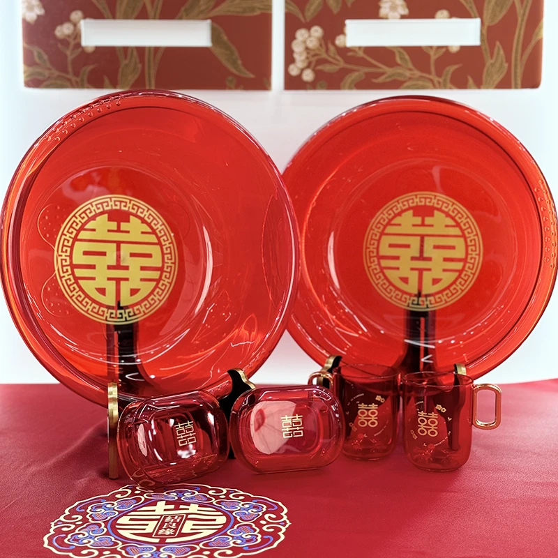 结婚洗漱套装陪嫁牙刷杯皂盒红盆婚庆用品套装聚宝盆对杯香皂盒