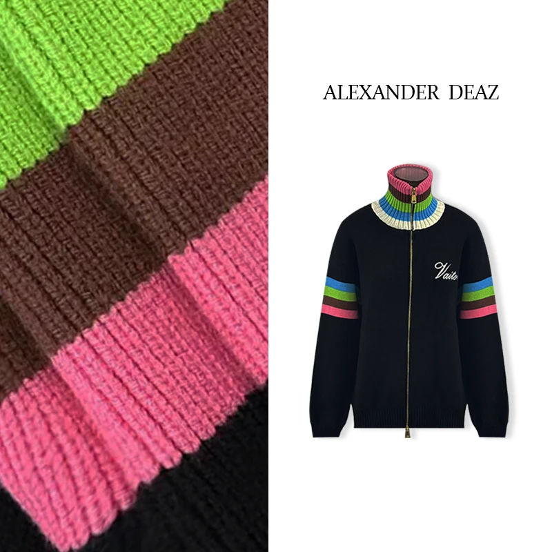 2025 新款拼色设计中高领条纹刺绣长袖针织开衫外套A8028