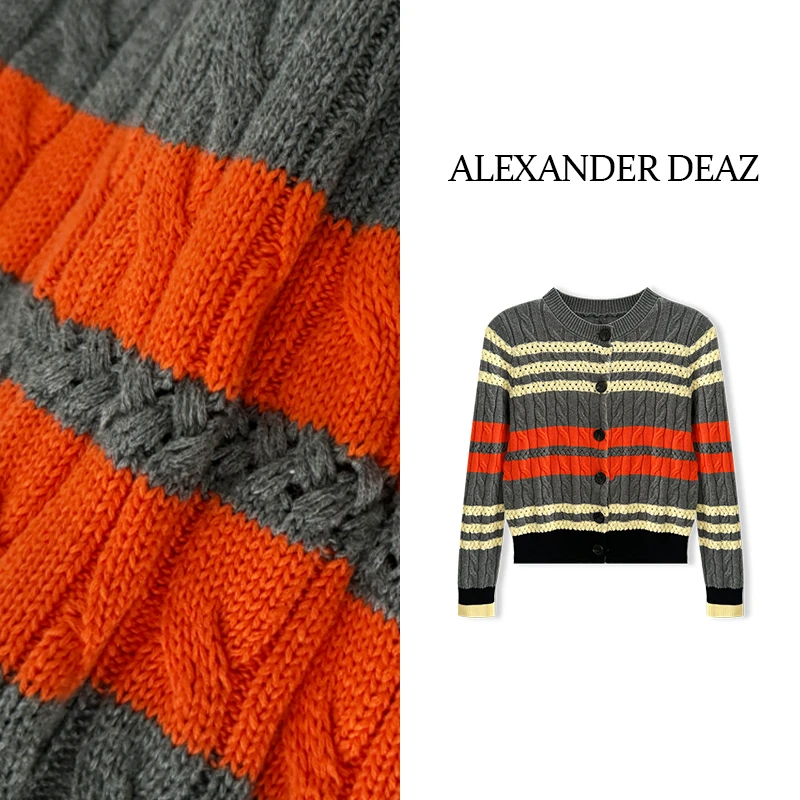 2025秋冬复古撞色绞花条纹长袖针织开衫A8035