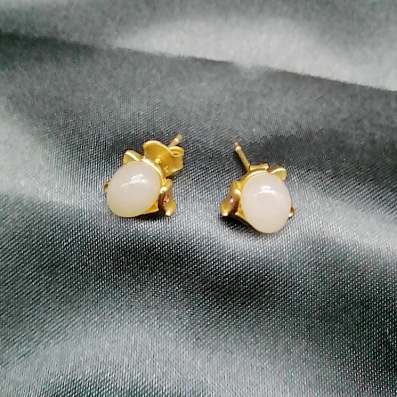 涵兮 S925银镶和田白玉(6*8)狐狸耳钉(金色）精致气质女款时尚百搭