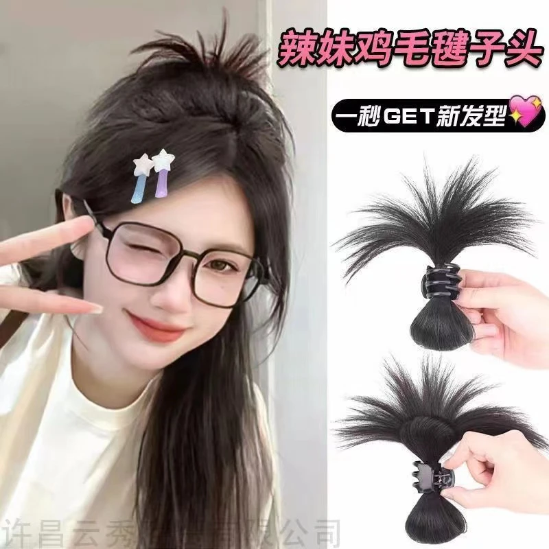 气质时尚鸡毛毽子头抓夹蓬松花苞头手工网红辣妹可爱百搭黑色复古