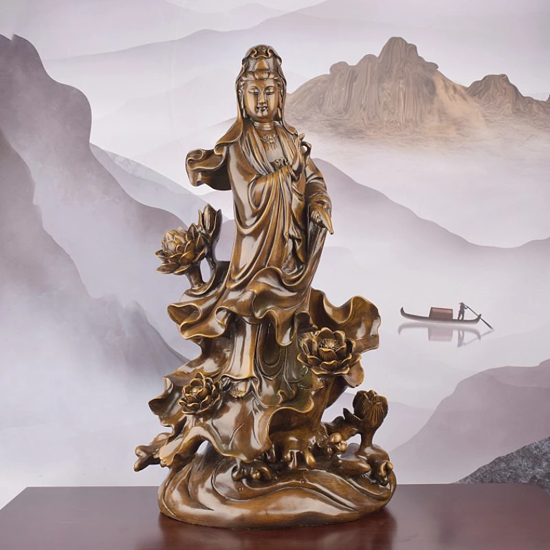 中式家用商用站立莲花观 世 音 菩 萨 摆件工艺品长37高65宽16cm