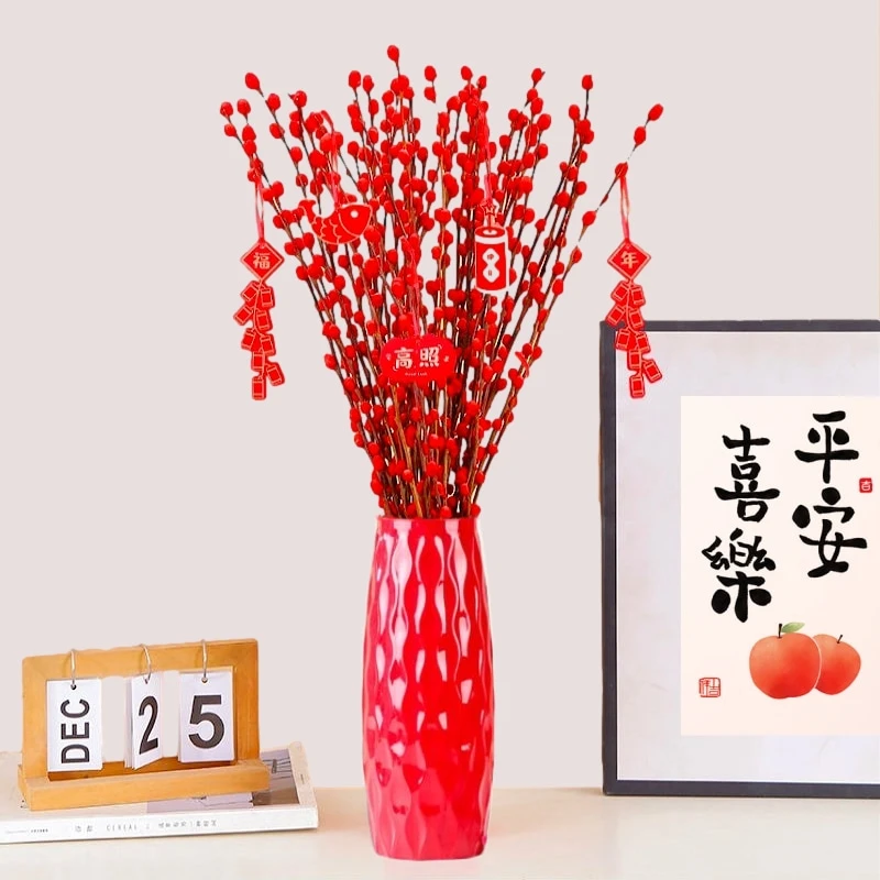 【20支带花瓶挂件】喜庆银柳干花盆栽新年居家摆放绿植室内装饰