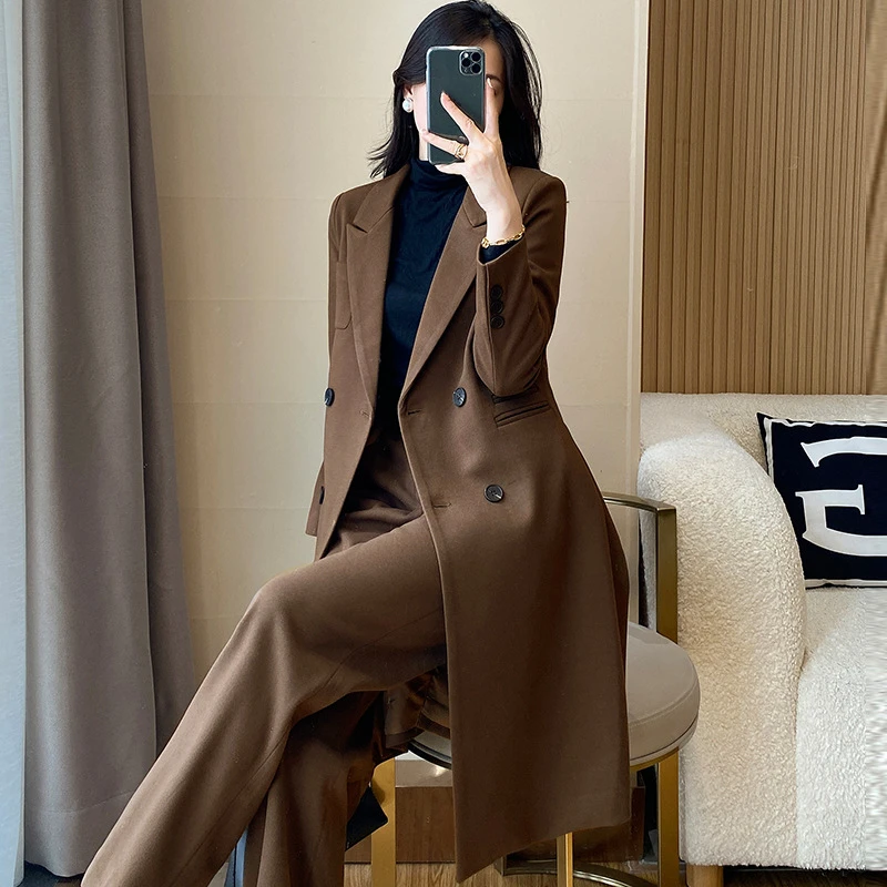 中长款毛呢西装外套女秋冬2025新款气质冬季加厚风衣高端职业套装